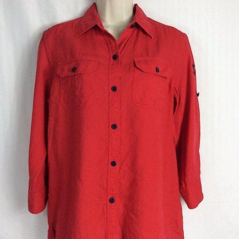 4/$25 RALPH LAUREN Nautical Red Button Down Linen Roll Tab Sleeve Shirt Women M - Picture 2 of 13